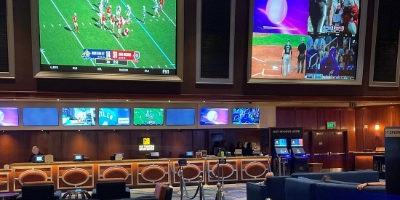 sportsbook interior at betmgm bar park mgm las vegas with big screens lounge seating