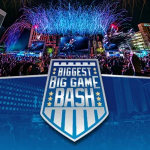 crowd celebrating at downtown las vegas events center during biggest big game bash with fireworks and large screen for super bowl viewing