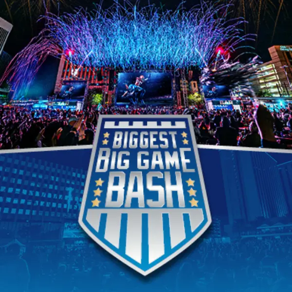 crowd celebrating at downtown las vegas events center during biggest big game bash with fireworks and large screen for super bowl viewing