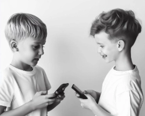 two children facing each other using smartphones in a simple indoor setting representing tech play and connection