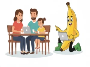 Cartoon family and banana character reviewing Clark County utility aid options for financial hardship