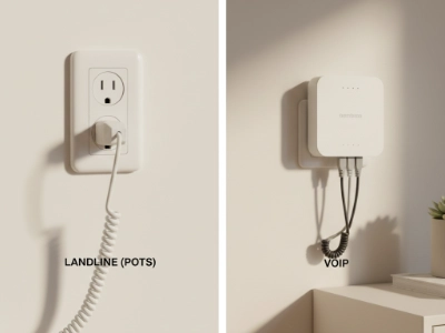 Side by side comparison of a traditional copper landline jack and a modern VoIP adapter connection