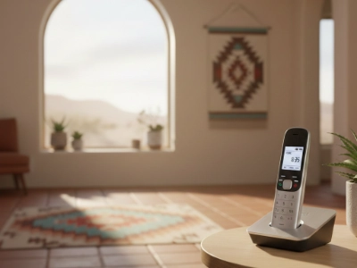 cordless phone on wooden table in southwestern las vegas home with succulent and desert window view