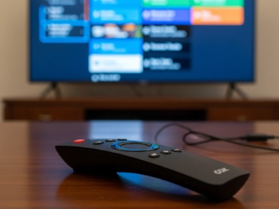 Modern Cox Contour TV remote control in focus with a blurred digital channel guide visible on a TV screen in the background