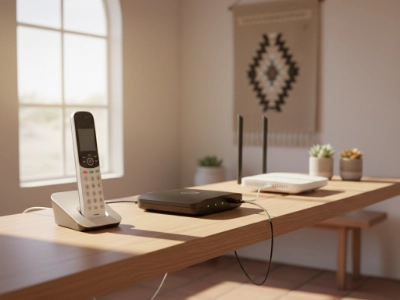 A home office in Las Vegas showing a cordless phone and a cable modem representing Cox VoIP home phone service