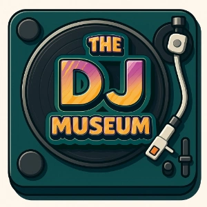 stylized turntable illustration with the dj museum logo representing las vegas music culture