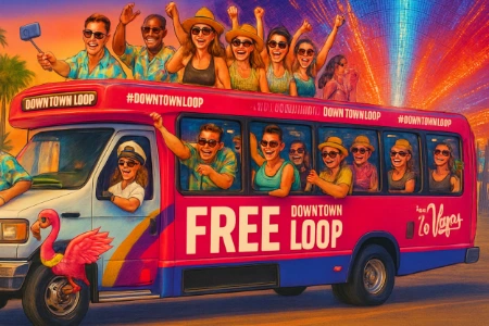Colorful Downtown Loop shuttle bus in Las Vegas packed with excited tourists waving from windows and rooftop, cruising past Fremont Street Experience under vibrant neon lights. Free public transportation service connecting top downtown attractions