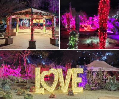 collage of ethel m cactus garden lights with gazebo, illuminated love sign, and valentine-themed desert plants