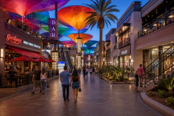 Visitors walk between compact storefronts and colorful canopy roofs inside the open-air Grand Bazaar Shops.