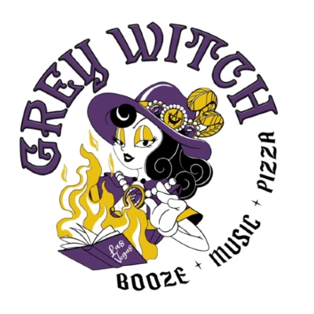 stylized logo for the grey witch bar in henderson nevada featuring cartoon witch with cocktail and flaming recipe book