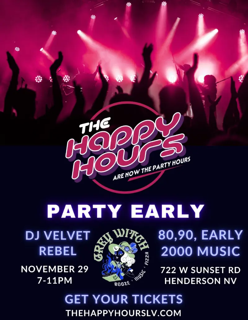 vibrant happy hour party poster for henderson nevada with dancing crowd and pink purple concert lights