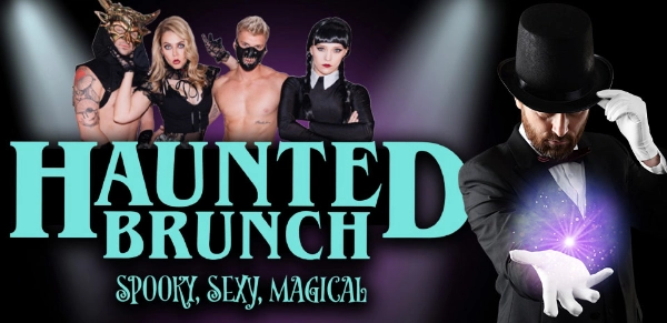 promotional image for haunted brunch las vegas with magician and gothic performers in theatrical costumes