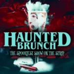 haunted brunch las vegas poster with ghostly champagne glass and lipstick on foggy surface