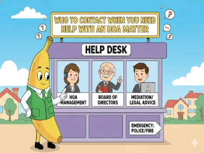 Cartoon banana pointing to HOA help desk with contacts for management, board, legal advice, and emergencies