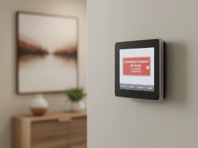 A home security alarm panel displaying a communication error illustrating how VoIP phone service can fail during outages