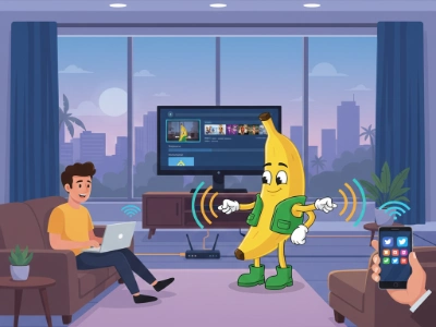 Cartoon banana boosting Wi Fi signals across laptop TV and phone in modern Las Vegas home