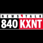 logo for news talk 840 kxnt las vegas radio station with nevada silhouette and bold typography