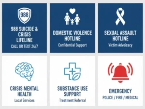 Crisis hotline guide with icons for suicide domestic violence sexual assault mental health substance use and emergencies