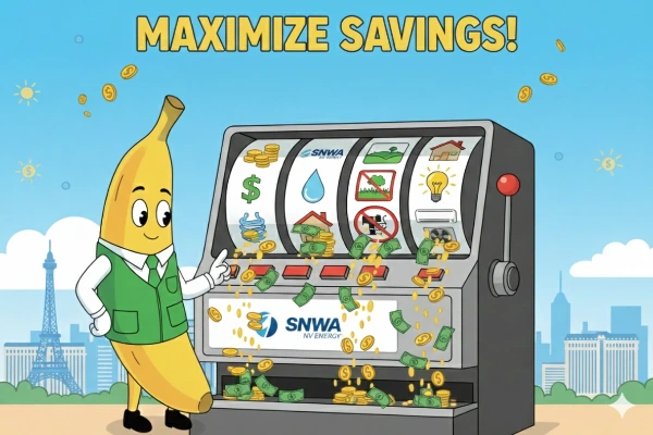 Cartoon banana at slot machine promoting SNWA and NV Energy savings and rebates for Las Vegas residents