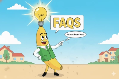 Cartoon banana with lightbulb pointing to speech bubble labeled FAQs in Las Vegas neighborhood setting