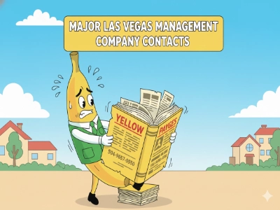 Cartoon banana reading yellow pages for major Las Vegas HOA management company contact information