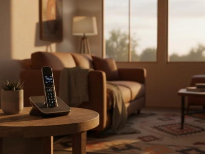 A warm Las Vegas home interior with a cordless phone on a table
