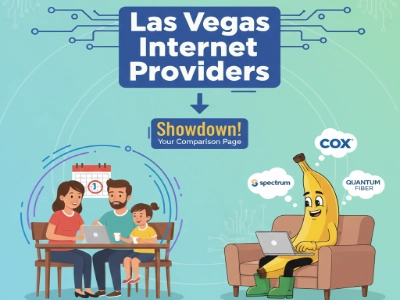 Cartoon bananas comparing Las Vegas internet options with provider logos and scheduling hints