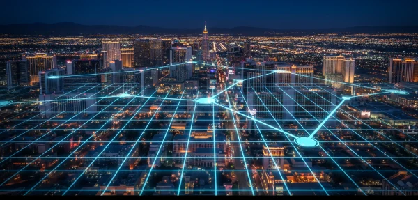 A nighttime Las Vegas skyline with a glowing digital network overlay representing local internet connectivity