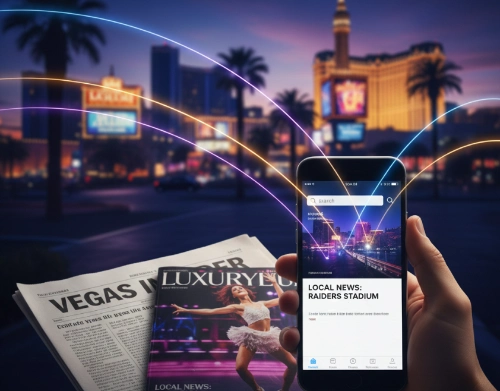 Las Vegas media guide featuring newspapers, magazines, and a smartphone with Strip landmarks in the background