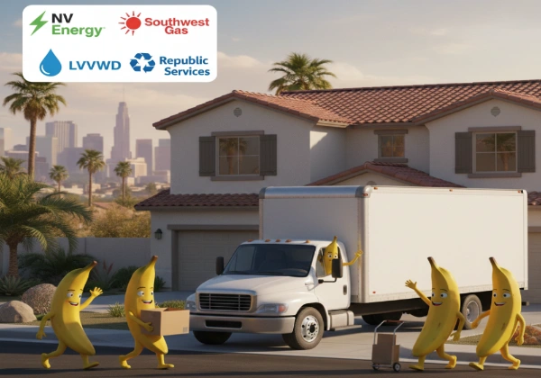 Cartoon bananas moving into Las Vegas home with utility provider logos and city skyline backdrop