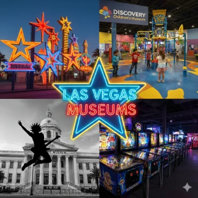 A collage representing the top Las Vegas museum scene featuring a vintage neon sign a Mob Museum fedora and interactive art exhibits showcasing history science and pop culture