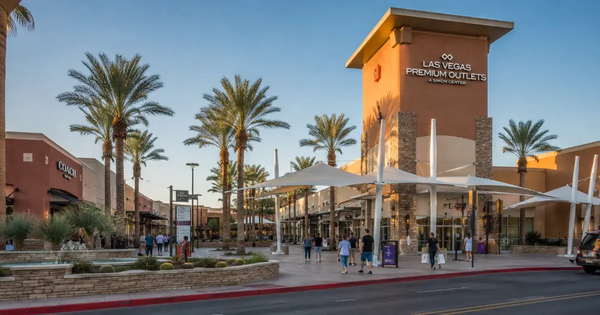 Palm trees, shaded walkways, storefronts, and the main entrance welcome shoppers to Las Vegas North Premium Outlets.