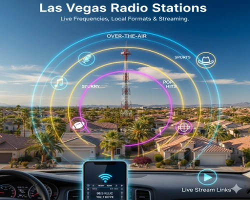 a radio tower above a Las Vegas residential area with digital arcs symbolizing AM FM signals connecting various format icons Talk Music Sports to a smartphone displaying Listen Live Now to represent streaming access 