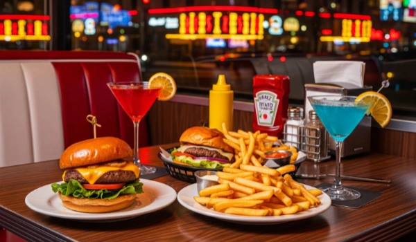 cheeseburgers fries and colorful cocktails on diner table with neon-lit las vegas street view at night