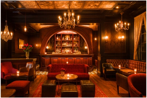 moody las vegas speakeasy with velvet seating vintage decor chandeliers and illuminated bar in art deco lounge setting