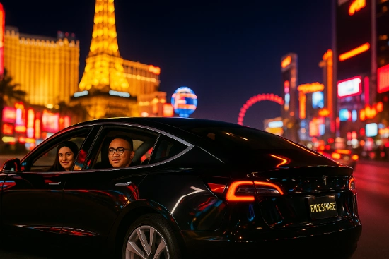 black tesla rideshare vehicle driving through las vegas strip at night with neon lights eiffel tower replica and smiling passengers illustrating modern transportation and nightlife access