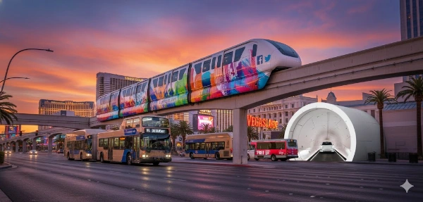 sunset view of las vegas strip showing glowing casinos alongside monorail train deuce bus rtc shuttle and loop tunnel illustrating how modern transit powers access to the citys experiences