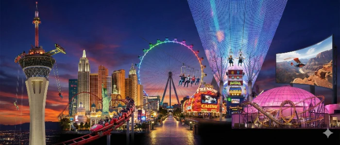 panoramic view of las vegas thrill rides including strat tower skyjump big apple coaster high roller zipline slotzilla canyon blaster and flyover attraction at sunset