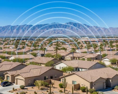 A bright Las Vegas residential neighborhood with tile roofed homes and desert landscaping framed by mountains and a clear blue sky concentric arcs radiate from the rooftops symbolizing over the air TV signals cable and streaming connectivity