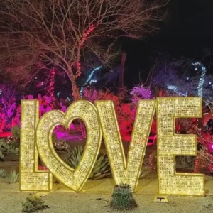 illuminated love sculpture and desert plants at ethel m chocolate factory henderson during valentines day lights of love event