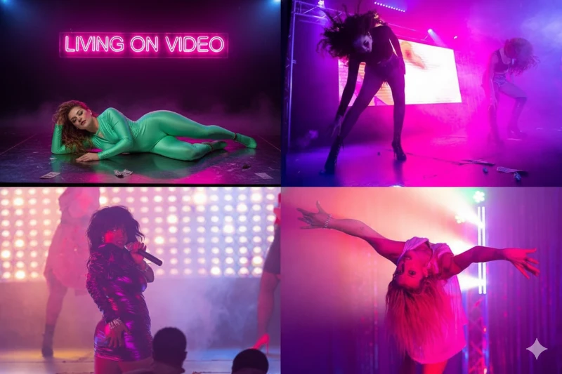 performers on stage at living on video burlesque revue in las vegas with dramatic lighting costumes