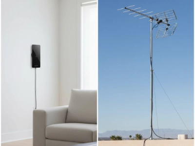 Two types of TV antennas: a sleek indoor HDTV antenna in a living room and a traditional outdoor rooftop antenna against a Las Vegas sky