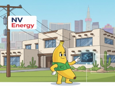 Cartoon banana adjusting smart thermostat at Las Vegas home with NV Energy logo and desert skyline