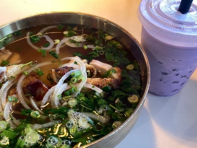 bowl of chicken pho ga and bubble tea