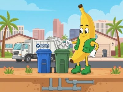 Cartoon banana sorting recycling and trash with Republic Services truck and CCWRD sewer system graphic