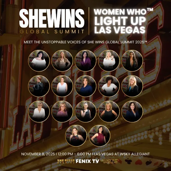 promotional poster for she wins global summit 2025 in las vegas featuring portraits of women and illuminated vegas marquee