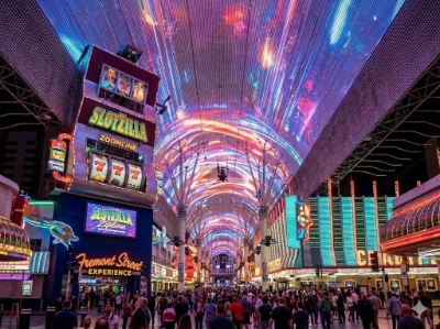 People flying superman-style on the SlotZilla Zoomline over the Fremont Street Experience canopy.