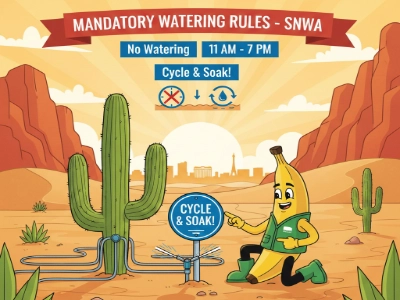 Cartoon banana promoting SNWA watering rules with drip irrigation in Las Vegas desert landscape