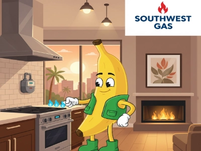 Cartoon banana in Las Vegas kitchen adjusting gas stove with Southwest Gas logo and cozy fireplace