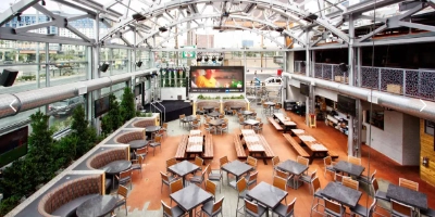 an expansive view of the two story beer garden area at the front yard beer garden at Ellis island in Las vegas